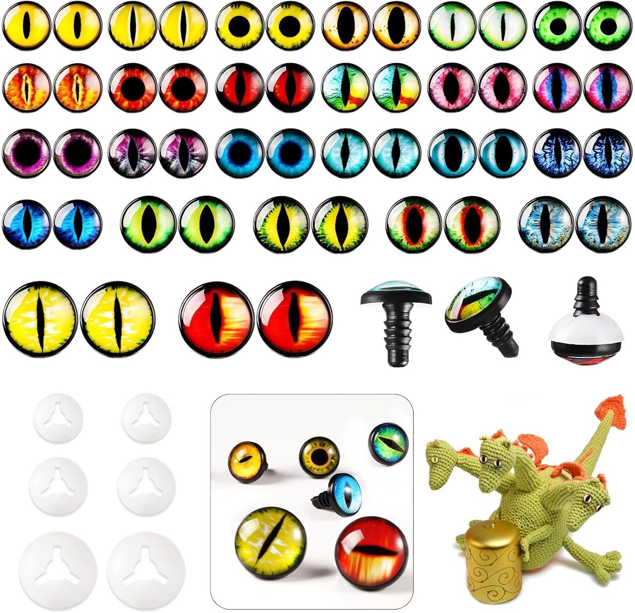 50pcs Safety Eyes for Amigurumi with Washers – 16/18/24mm Dragon & Animal Craft Eyes for Crochet Dolls, Plush Toys, and Clay Dolls